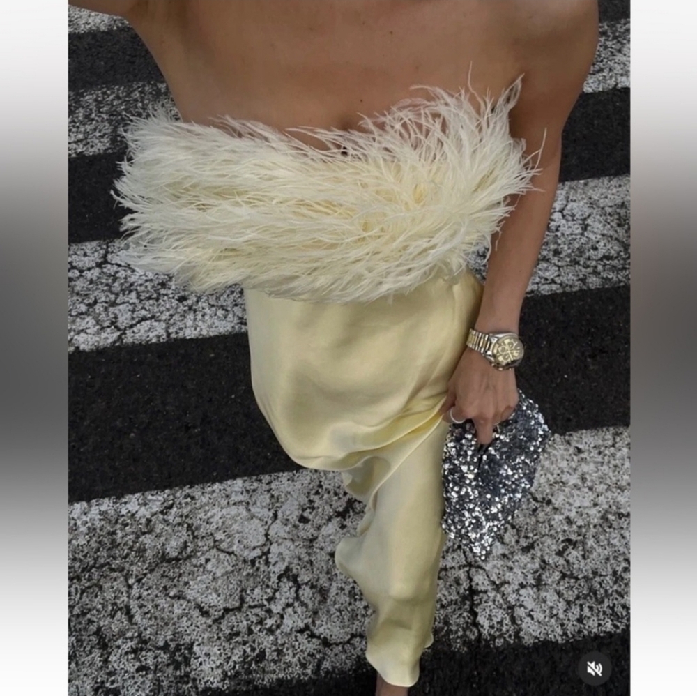 Zara Feathered Satin Midi Dress Yellow Size L - Picture 15 of 16